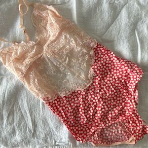 Aerie lace pink polka dot bodysuit lingerie